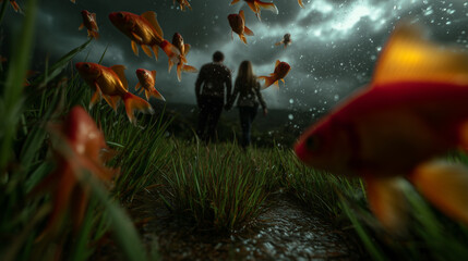 Una coppia che si tiene per mano mentre i pesci nuotano nell'aria intorno a loro, l'amore sfida l'ambiente, il realismo surreale cinematografico