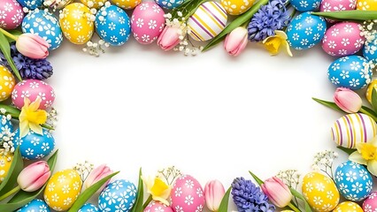 Easter eggs and flowers border on white background Happy Easter