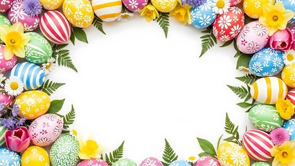 Easter eggs and flowers border on white background Happy Easter