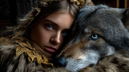 Modella con lupo. Primo piano. Moda surreale.