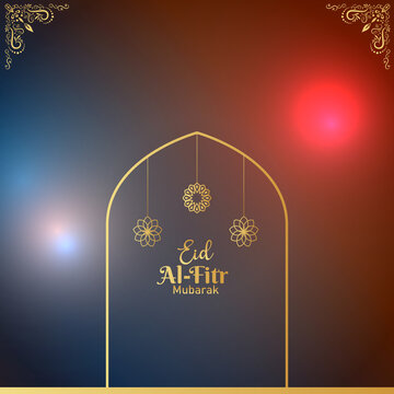 Eid al-Fitr Mubarak celebration with lanterns, crescent moon, and mosque silhouette
