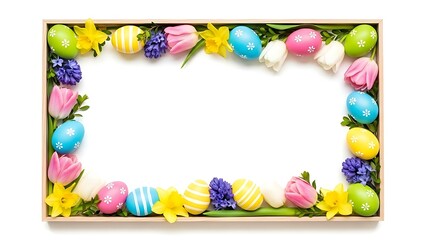 Easter eggs and flowers in a wooden frame holiday Happy Easter
