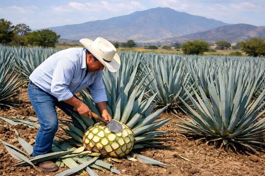 Mexican farmer harvesting blue agave plant for tequila production in rural agave field