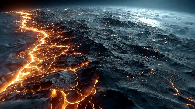 Abstract glowing lines trace glowing pathways across a dark, textured surface under a twilight sky