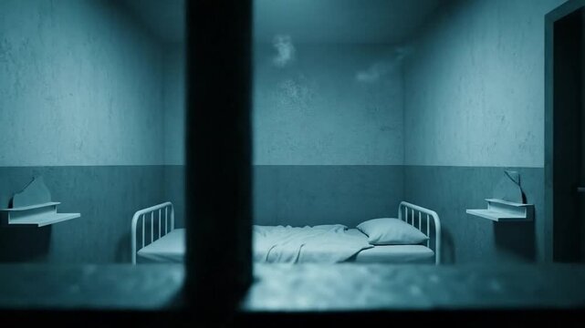 Dank prison cell with bed and barred window, dark and lonely, confinement concept