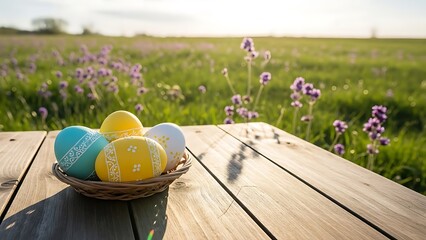 Easter eggs in basket on wooden table in field flowers Happy Easter