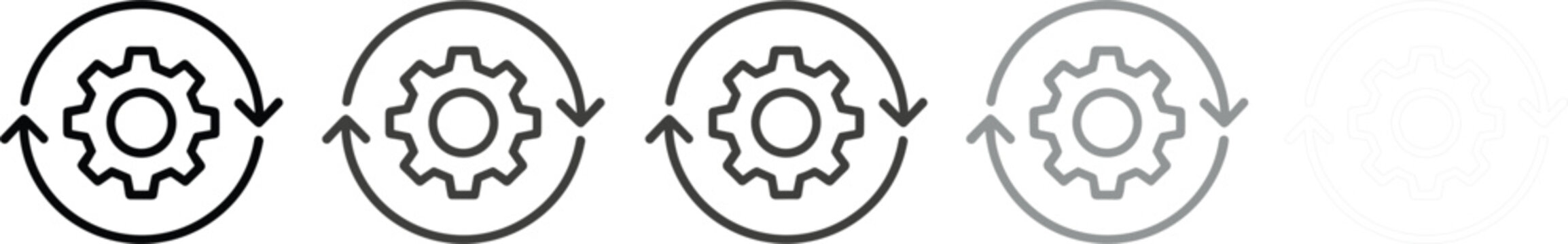 Gear refresh icons set representing settings update synchronization process loading states progress minimal monochrome vector illustration design