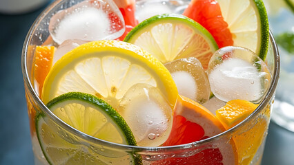 Refreshing citrus cocktail with fresh lemon lime and grapefruit slices and ice