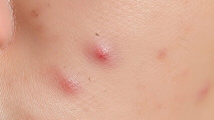 Fototapeta premium Close-animated movie macro view of human skin texture with inflamed red pimples and fine hairs, showcasing pores and imperfections.