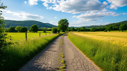 Beautiful summer landscape with a rural road through farmland and hills