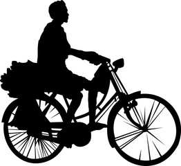 Obraz premium vector image of a silhouette of a man riding a classic bicycle and carrying goods on a white background