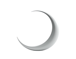 A stylized crescent moon, silver-colored, against a stark black background