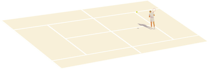 Isometric tennis court with single player and ball. Clean minimal sports illustration with soft colors. Ideal for web design, presentations, posters, sports apps and educational materials.