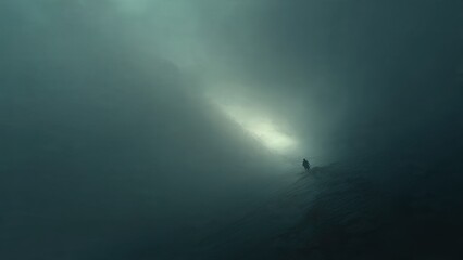 Lone figure walking through surreal, misty landscape