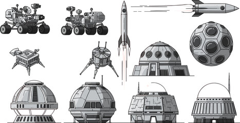 Space exploration equipment set illustration featuring rockets rovers lunar bases futuristic spacecraft technology elements isolated vector collection © astroDev