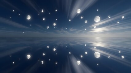Ethereal floating orbs and moons in a calm, reflective ocean