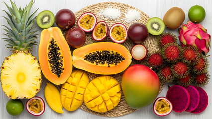 Vibrant assortment of fresh tropical fruits flat lay on white wooden background
