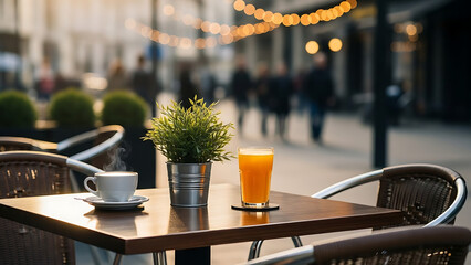 Outdoor cafe table with coffee and orange juice on a busy European street