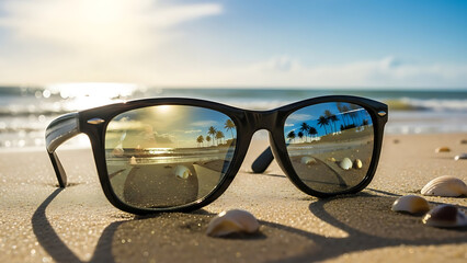 Black sunglasses on sandy beach with reflection of tropical palm trees