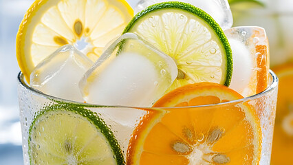 Refreshing citrus cocktail with ice cubes and fresh fruit slices in glass