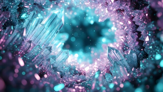 Mysterious Glowing Crystal Cave with Vibrant Blue and Pink Geode Formations