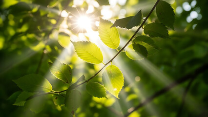 Sunlight shining through vibrant green leaves on a tree branch