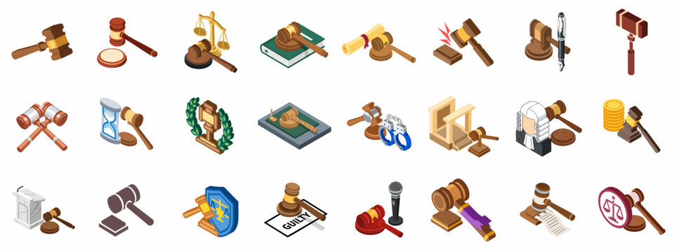 Isometric Law and Justice Icons Collection featuring Gavels, Scales, Judge, Handcuffs, and Courtroom Elements for Legal Design.