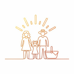 Obraz premium Happy family enjoying a summer picnic, line art illustration with parents and child holding hands and a basket, radiating joy.