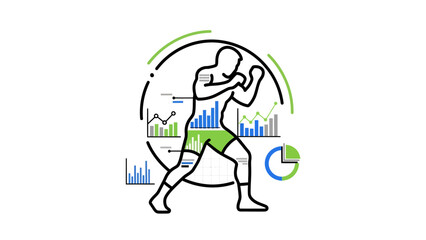 Obraz premium Boxer surrounded by green and blue data visualizations, suitable for sports analytics, digital marketing, infographic design, and data reporting projects.