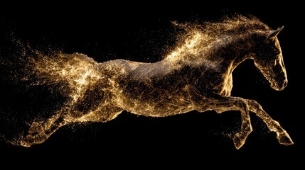 Fototapeta premium Glowing Golden Horse Jumping in the Air Made of Particles