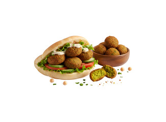 Falafel wrapped in pita, set against a white background with a shadow. More falafel