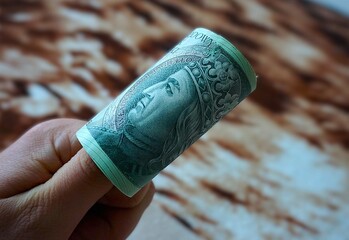 Obraz premium Zwinięte banknoty 100 zł trzymane w dłoni, widoczny pakiet gotówki i szczegóły nominału.