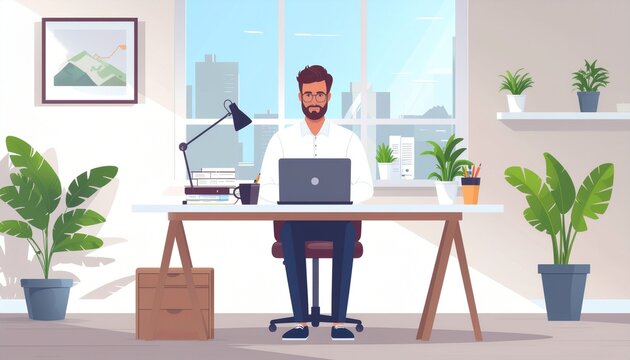 Modern remote work illustration with home office setup