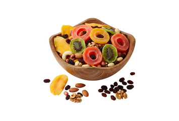 Dried tropical fruits, nuts, and raisins set against a white backdrop. Dried fruits in a wooden bowl

