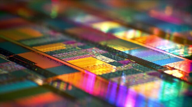 Colorful glowing semiconductor wafer with intricate microchip circuit patterns and light reflections (AI Generated)