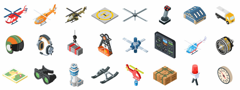 Comprehensive isometric vector icon set of helicopters, aviation equipment, ground crew tools, flight instruments, helipads, and air traffic control infrastructure.