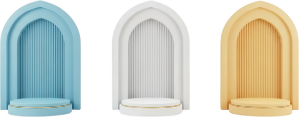 Three modern decorative display pedestals featuring arched frames with vertical ridges in light blue white and beige colors podium gold product backdrop stage stand transparent background