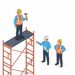 Construction Workers Collaborating on a Scaffolding Project with Blueprints.