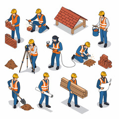 Construction Workers Engaged in Various Building Activities, Isometric Vector Illustration.