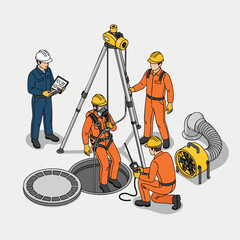Construction workers in a confined space safety drill, wearing protective gear and using specialized equipment for rescue operations.