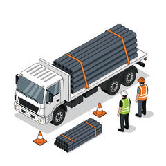 Construction Workers Overseeing Delivery of Pipes by Truck at a Construction Site.