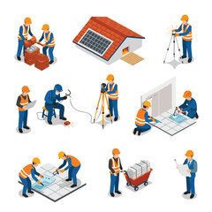 Construction workers performing various building tasks like bricklaying, tiling, and surveying, depicting team collaboration and skilled labor for construction projects.