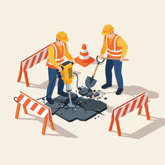 Construction workers using jackhammer and shovel to repair road, surrounded by safety barriers and traffic cone.