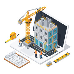 Digital Construction and Planning: Isometric View of Building Project on Laptop.