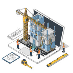 Digital Construction Project Planning with Architects and Crane on Laptop.