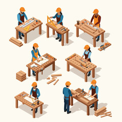 Diverse Artisans Crafting Woodwork with Tools and Measuring Devices on Workbenches.