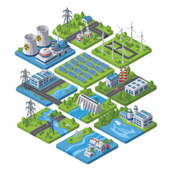 Diverse Energy Production Methods: Renewable and Non-Renewable Power Plants Collection Isometric Illustration.