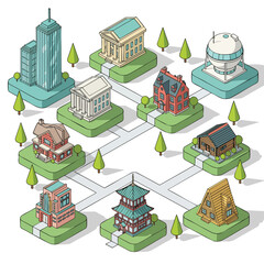 Diverse isometric buildings and houses connected by pathways, illustrating a cityscape concept.