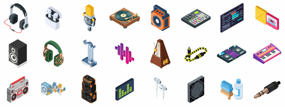 Isometric collection of audio equipment, music production tools, sound mixing gear, headphones, speakers, and vintage media icons.