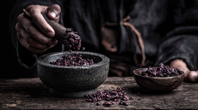 Handful of Ancient Purple Corn Kernels Being Sifted in Bowl